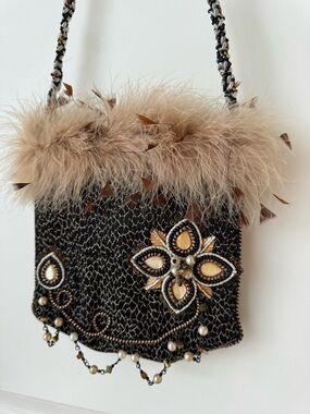 Mary Frances Beaded Feather Evening Bag Floral Like New Vintage Handcrafted